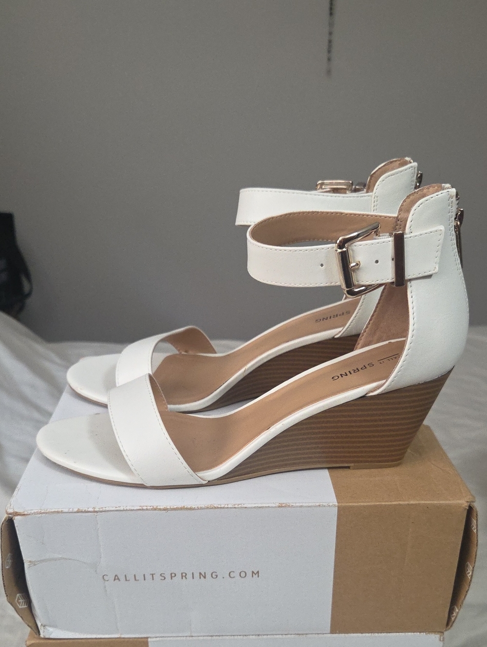 Call It Spring White Ankle-Strap Stack Wedge Sandals